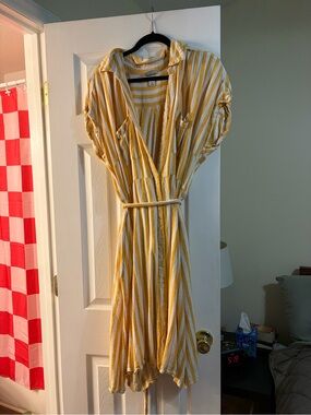 Ava & Viv Yellow and White Striped Button-Front Shirt Dress